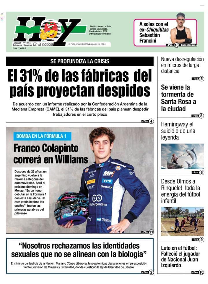 Colapinto, en la tapa de todos los diarios: WhatsApp Image 2024-08-28 at 08.15.47.jpeg